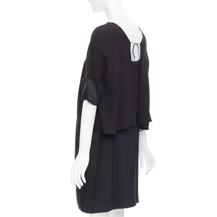 CHLOE black 100% silk crepe satin contrast cape back dress FR42 XL