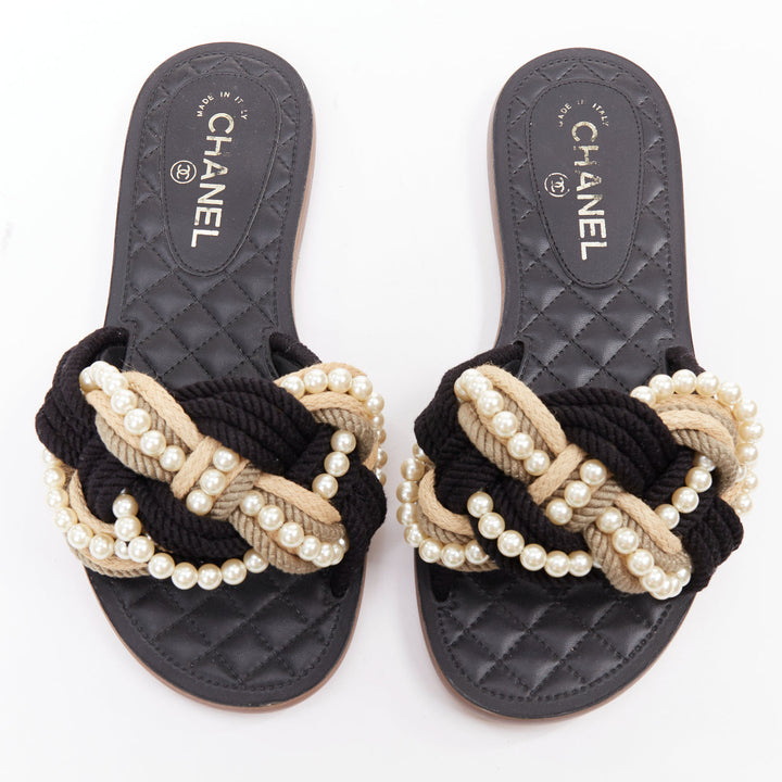 CHANEL 2017 Cuba black cream rope pearl twist slipper sandals EU38