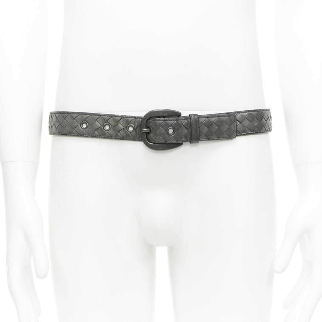BOTTEGA VENETA grey intrecciato woven soft leather metal eyelet belt 85cm