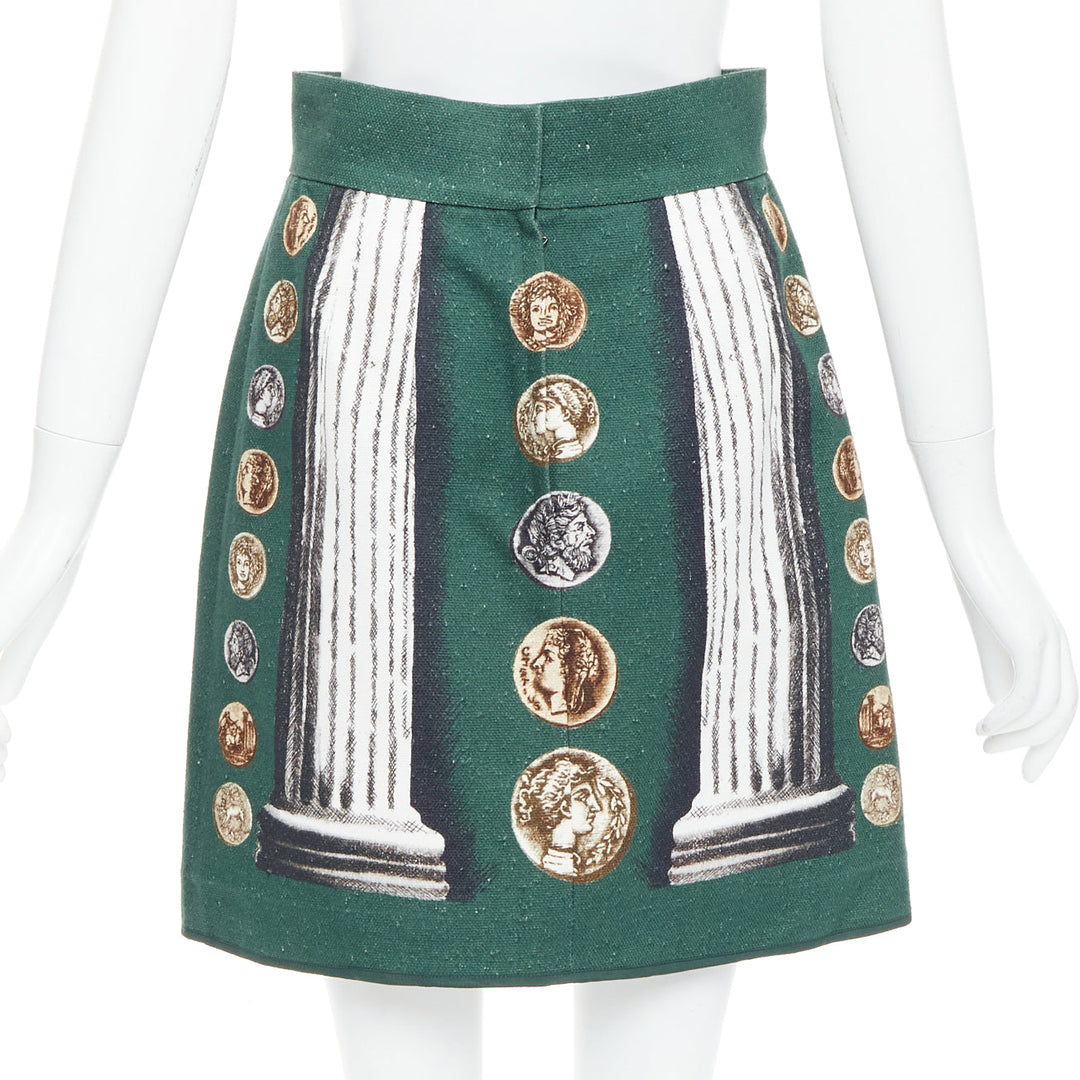 DOLCE GABBANA 2014 Runway green roman coin column bejeweled skirt set IT38 XS