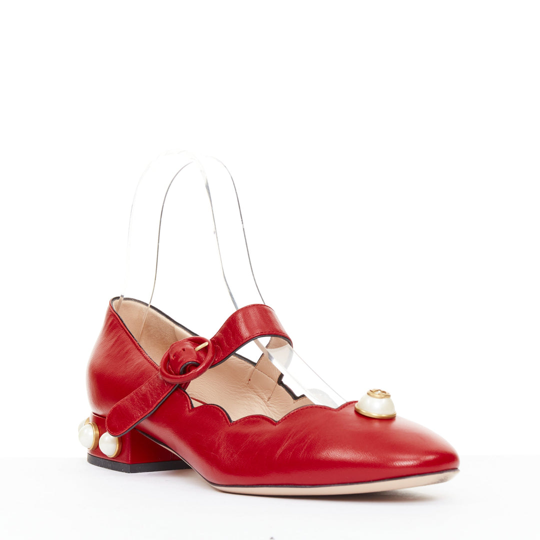 GUCCI Willow red calf leather GG pearl embellished scalloped maryjane shoes EU38