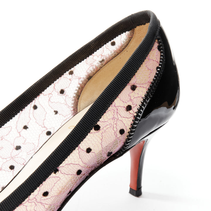 CHRISITIAN LOUBOUTIN Souris 70 pink lace polka dot bow kitten heel EU37.5