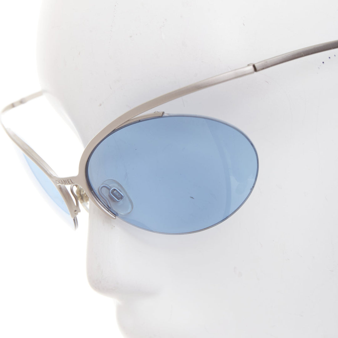 CHANEL Vintage 2000 Runway silver blue metal futuristic rimless sunglasses