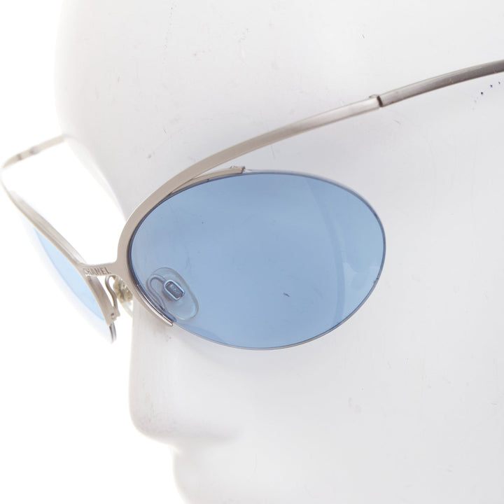 CHANEL Vintage 2000 Runway silver blue metal futuristic rimless sunglasses