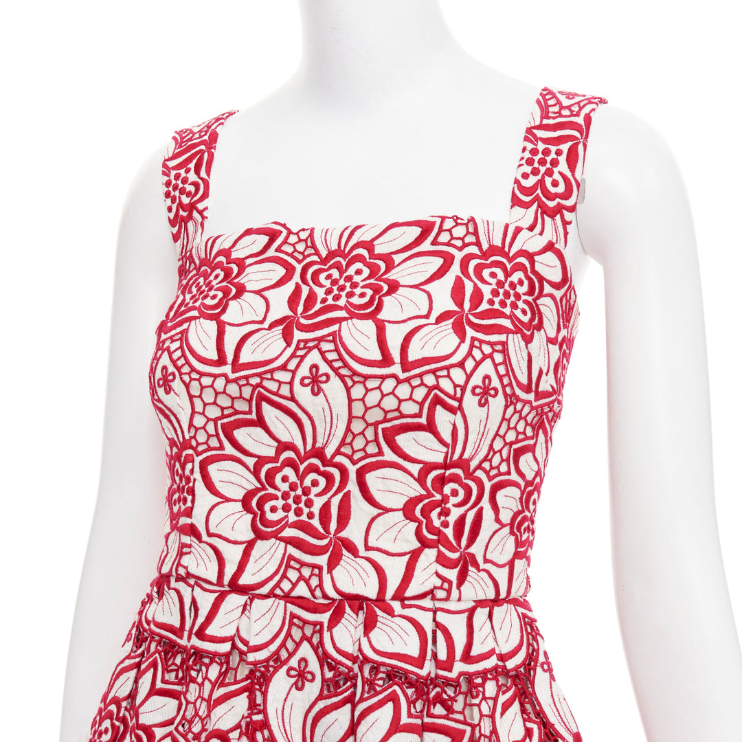 DOLCE GABBANA 2021 red cream floral embroidery anglais flared sun dress IT38 XS