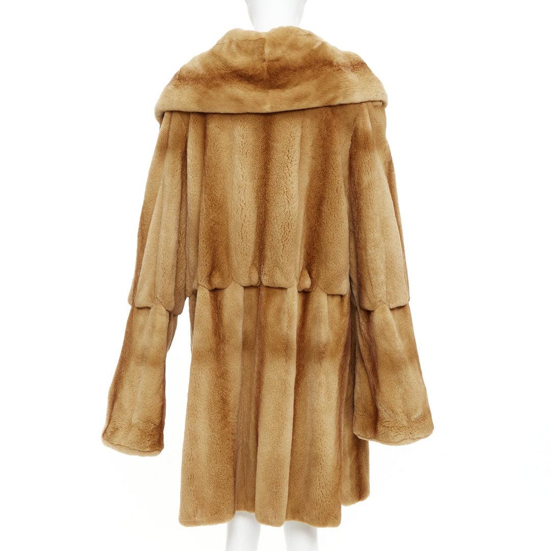 NO BRAND tan brown fur rounded shawl collar statement button long coat