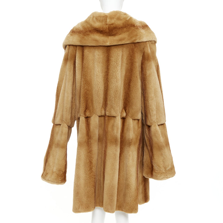 NO BRAND tan brown fur rounded shawl collar statement button long coat
