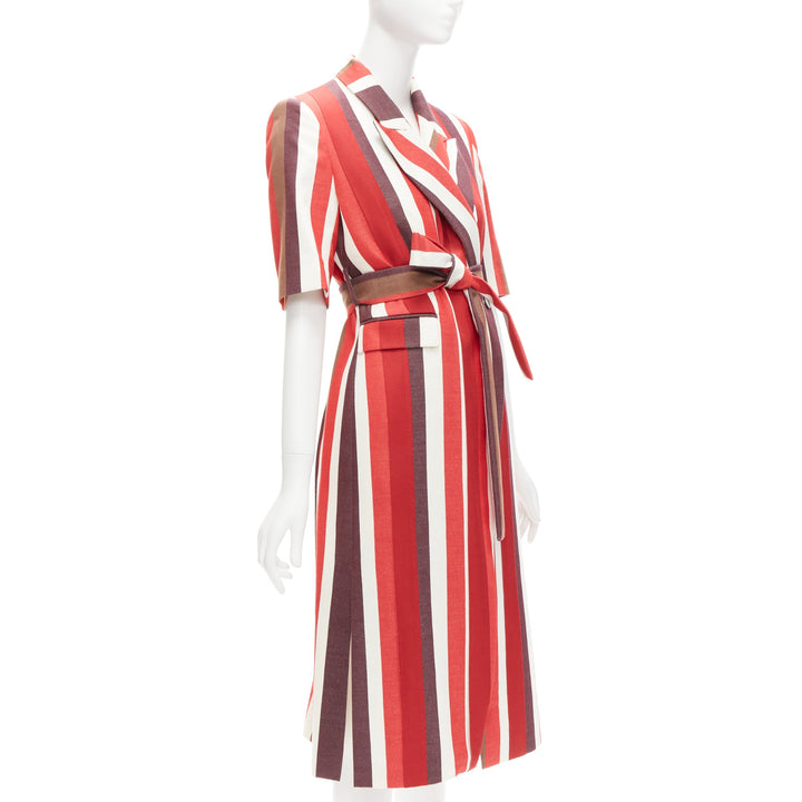 FRENKEN red bold graphic stripes cotton tie belt long coat IT34 XXS