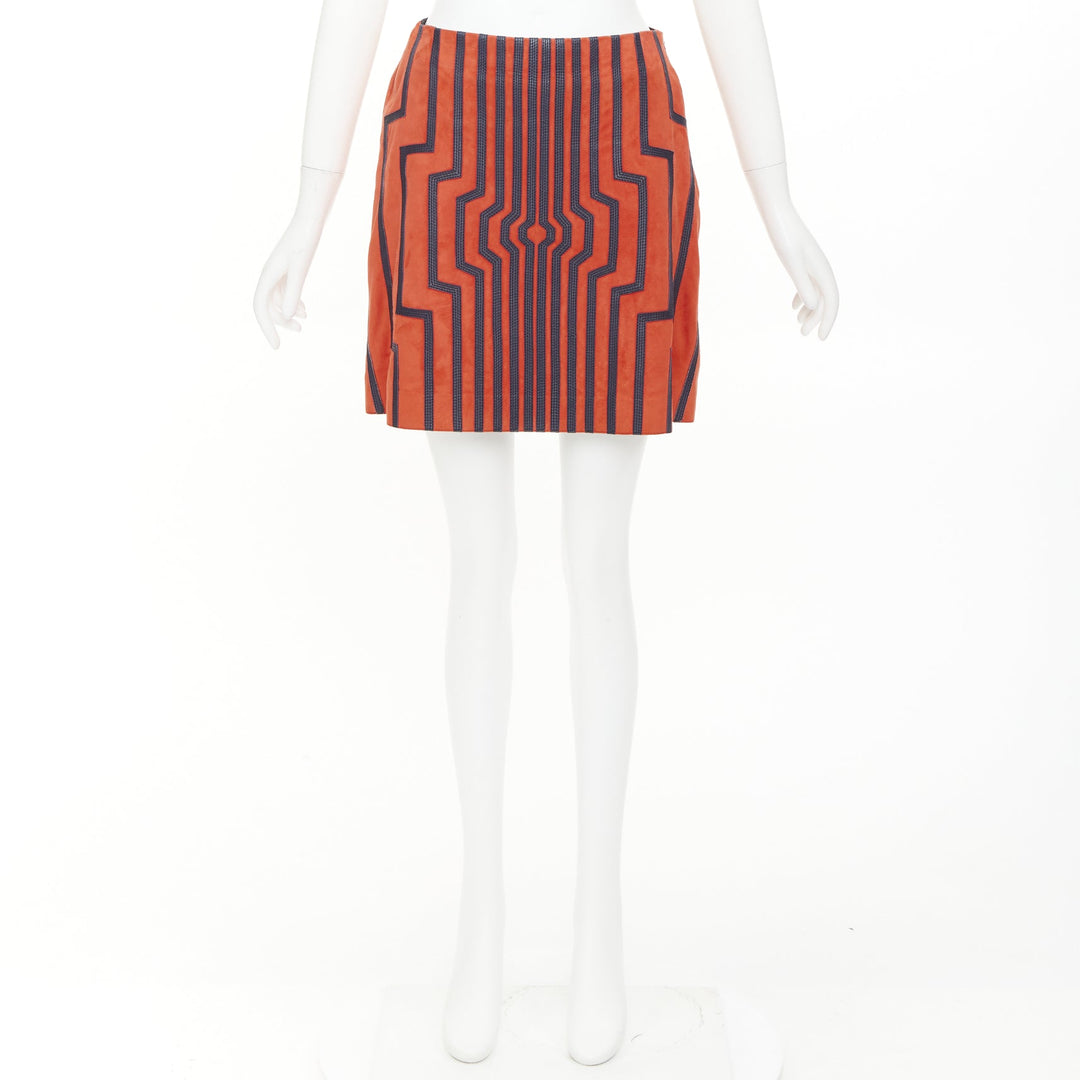 LOEWE 2016 Cyborg orange goat suede navy geometric inset applique skirt FR38 M