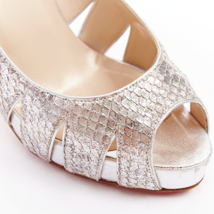 CHRISTIAN LOUBOUTIN Fontanete silver scaled leather cut out platforms EU37.5