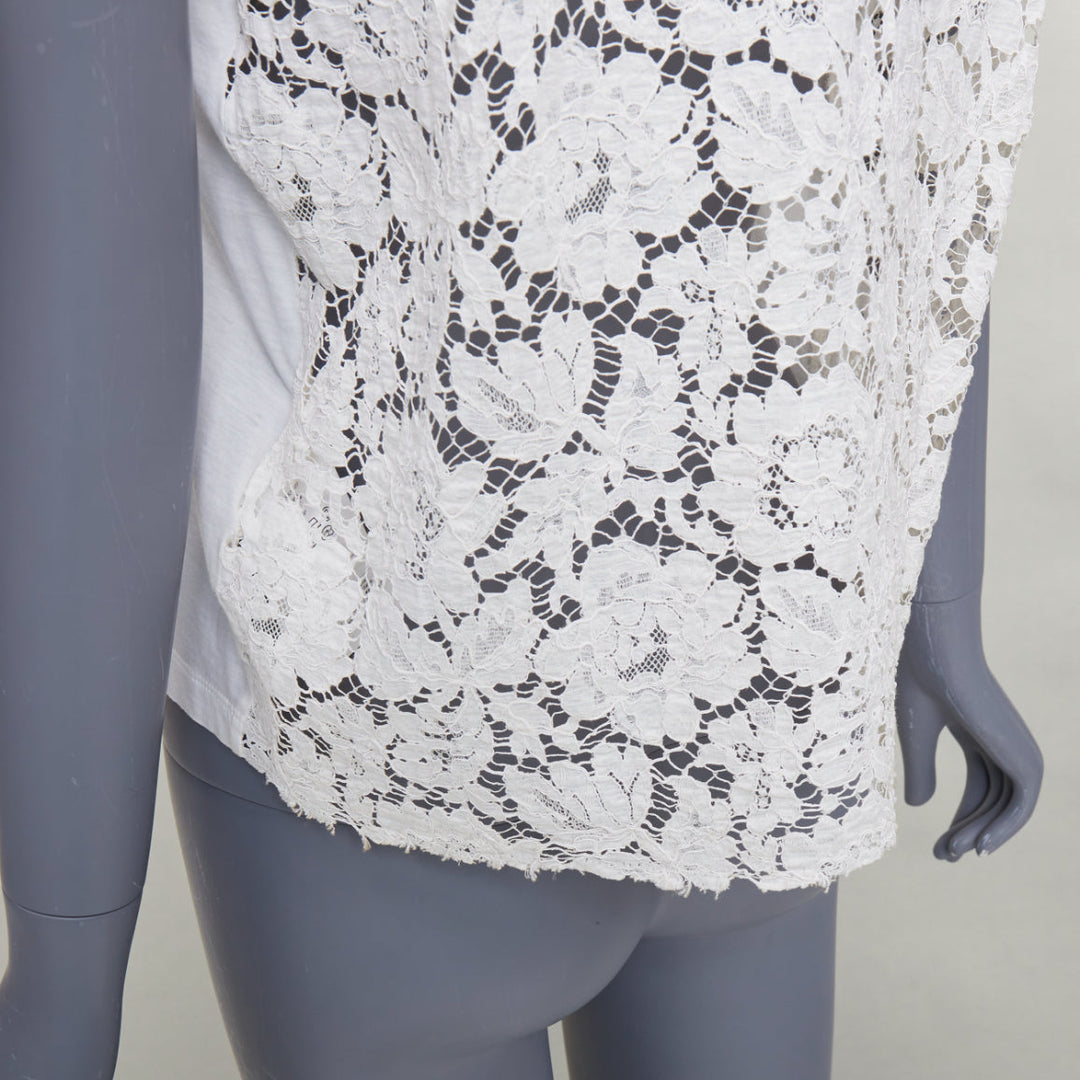 VALENTINO cream cotton intricate lace back sheer hi low tshirt S