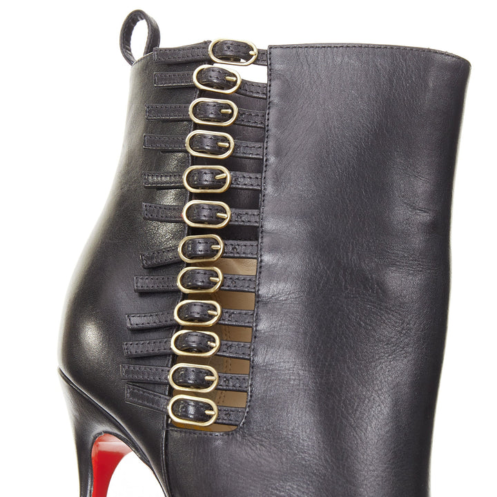 CHRISTIAN LOUBOUTIN Safety 100 black calf leather buckle stiletto boots EU37