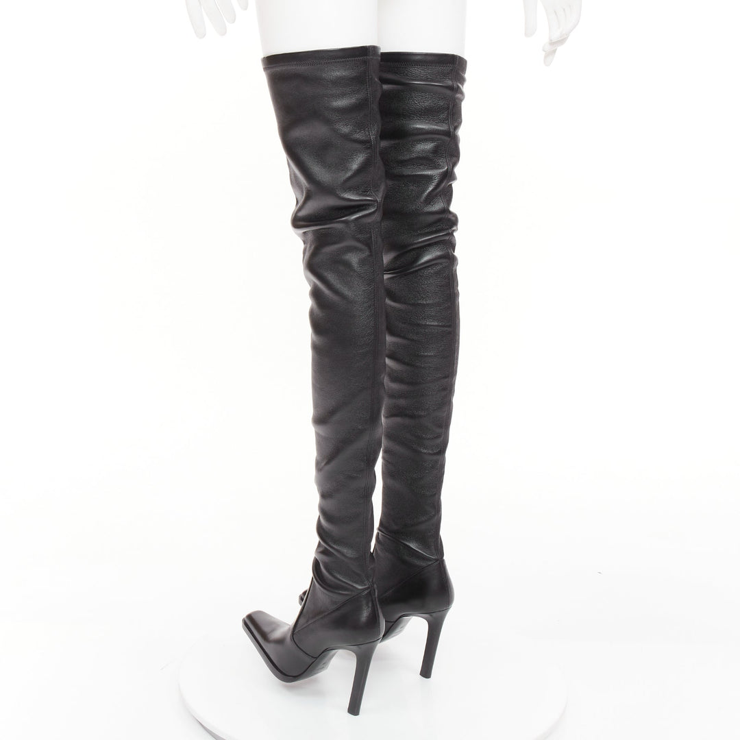 SAINT LAURENT 2020 Runway Niki black leather square toe over the knee boots EU39