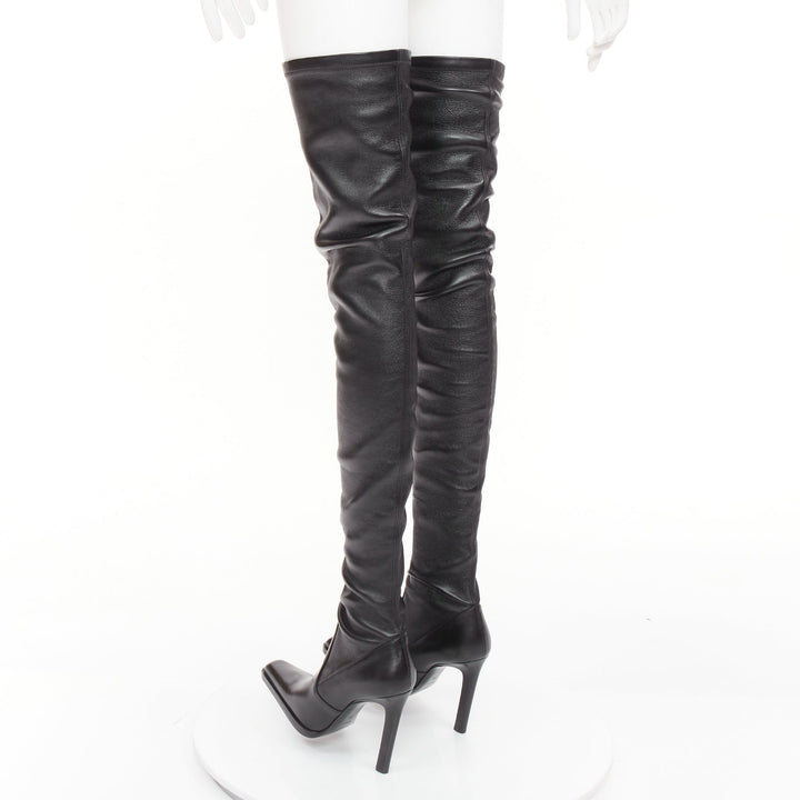 SAINT LAURENT 2020 Runway Niki black leather square toe over the knee boots EU39
