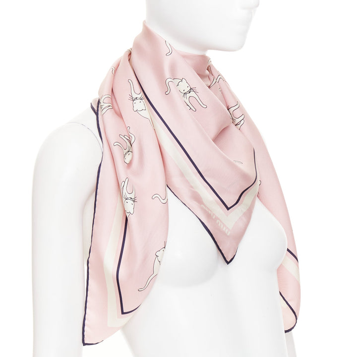 MIU MIU 2020 Whimsical Animal Cat Print silk twill light pink black  large scarf