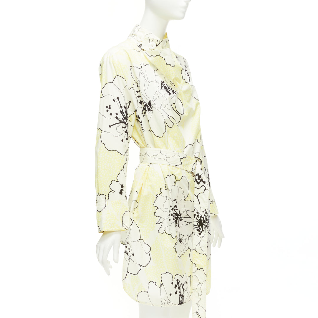 MARNI yellow white 100% cotton floral print belted cowl neck dress IT36 XXS