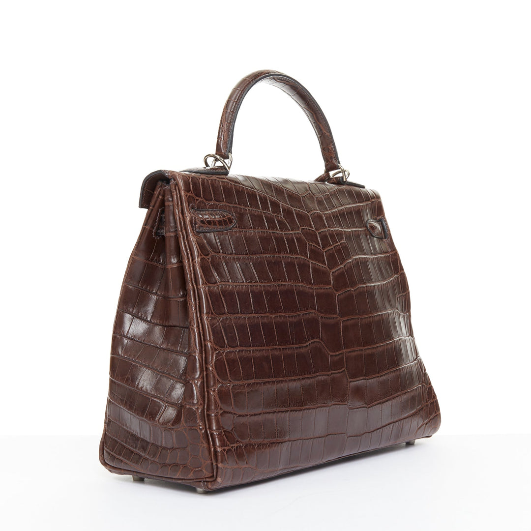 HERMES 2002 Kelly 32 Sellier matte Ebene Niloticus PHW brown handbag