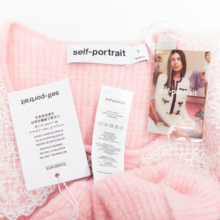 SELF PORTRAIT AW24 lace collar crystal button cropped mohair cardigan S