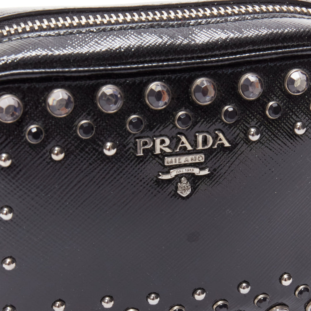 PRADA crystal silver stud logo black saffiano leather crossbody camera bag