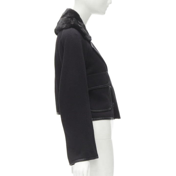 DSQUARED 2013 black mink fur collar leather trim cotton wool jacket S
