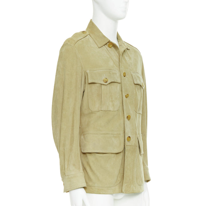 GUCCI Tom Ford Vintage khaki suede leather horn button safari jacket IT46 S
