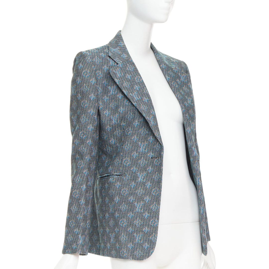 LOUIS VUITTON 2023 blue monogram wool jacquard single breasted blazer FR38 M