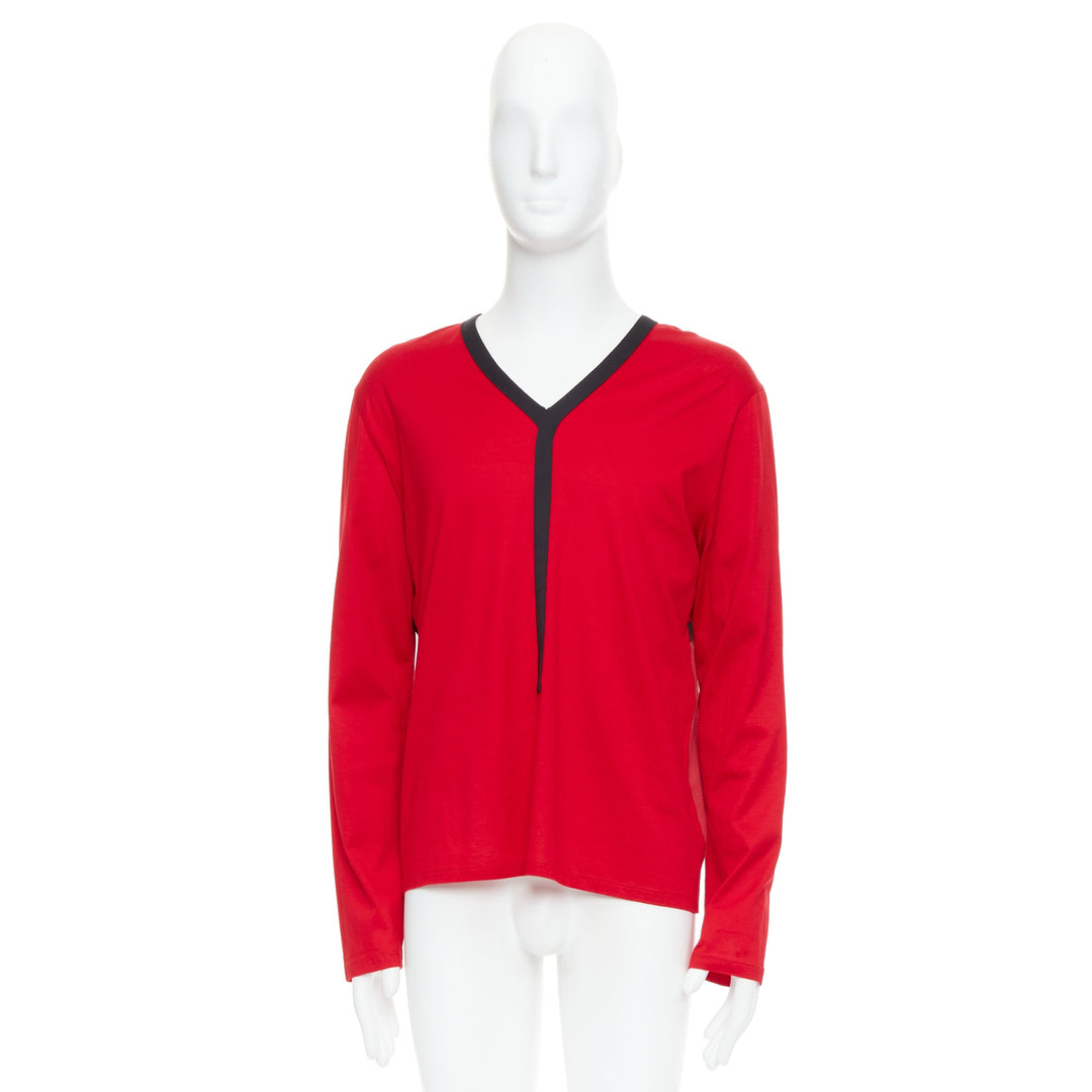 BALENCIAGA 2012 red cotton blend black trim V-neck long sleeve top XL