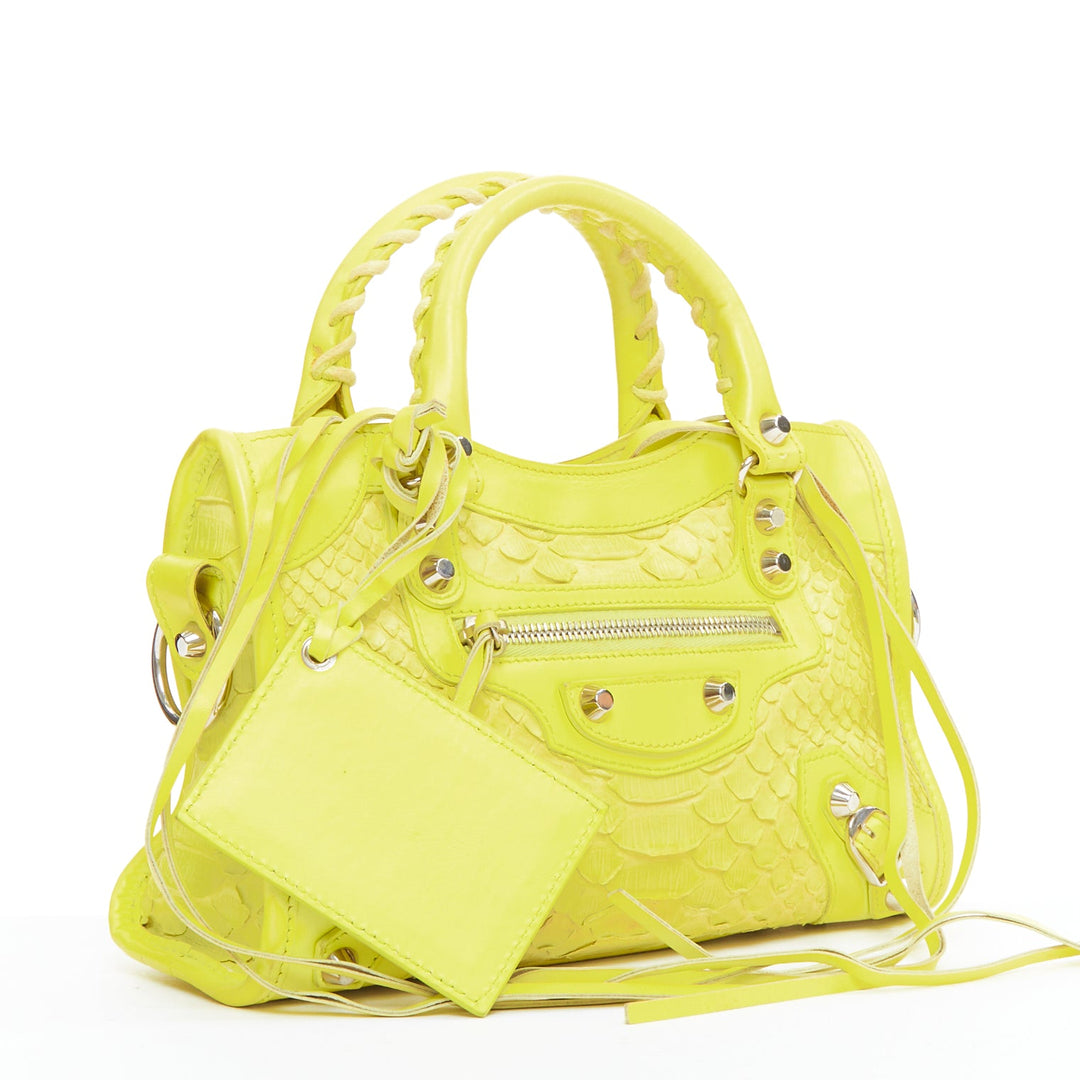 BALENCIAGA City Classic Mini neon yellow scaled leather motocross bag