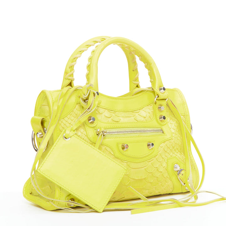 BALENCIAGA City Classic Mini neon yellow scaled leather motocross bag