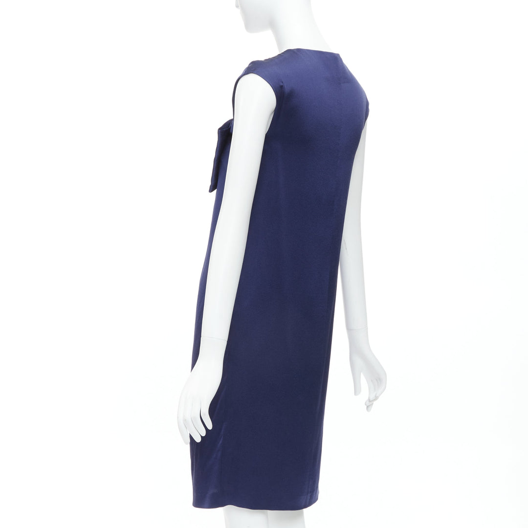 ALBERTA FERRETTI 100% silk navy bow detail cap sleeve V neck dress IT38 XS