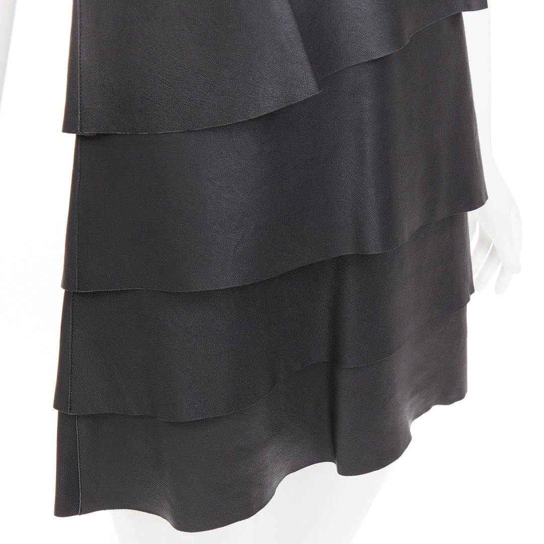 CELINE 2014 Phoebe Philo black lambskin leather crew tiered mini dress FR38 M