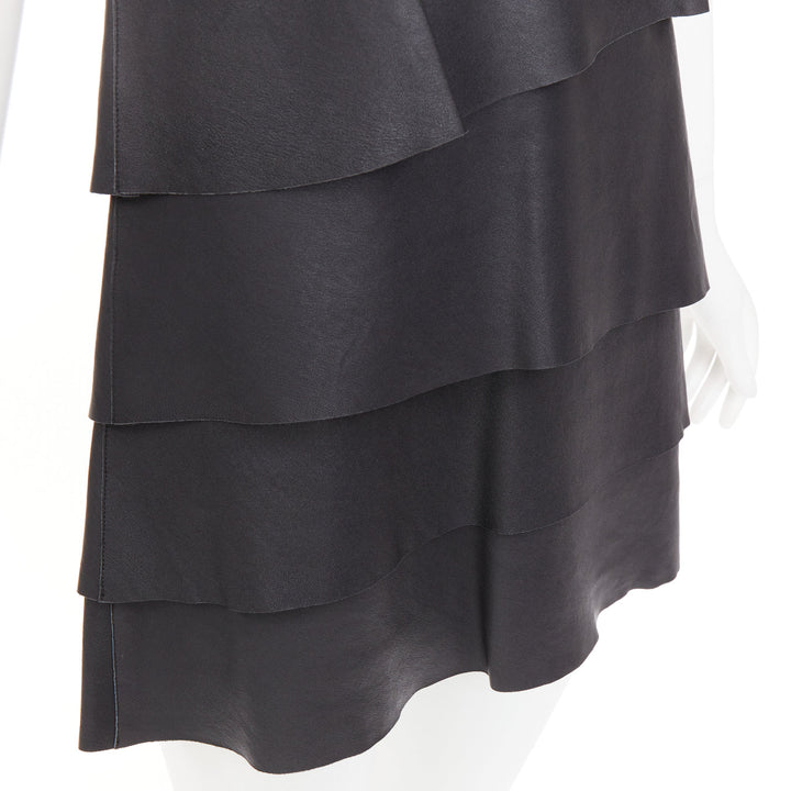 CELINE 2014 Phoebe Philo black lambskin leather crew tiered mini dress FR38 M