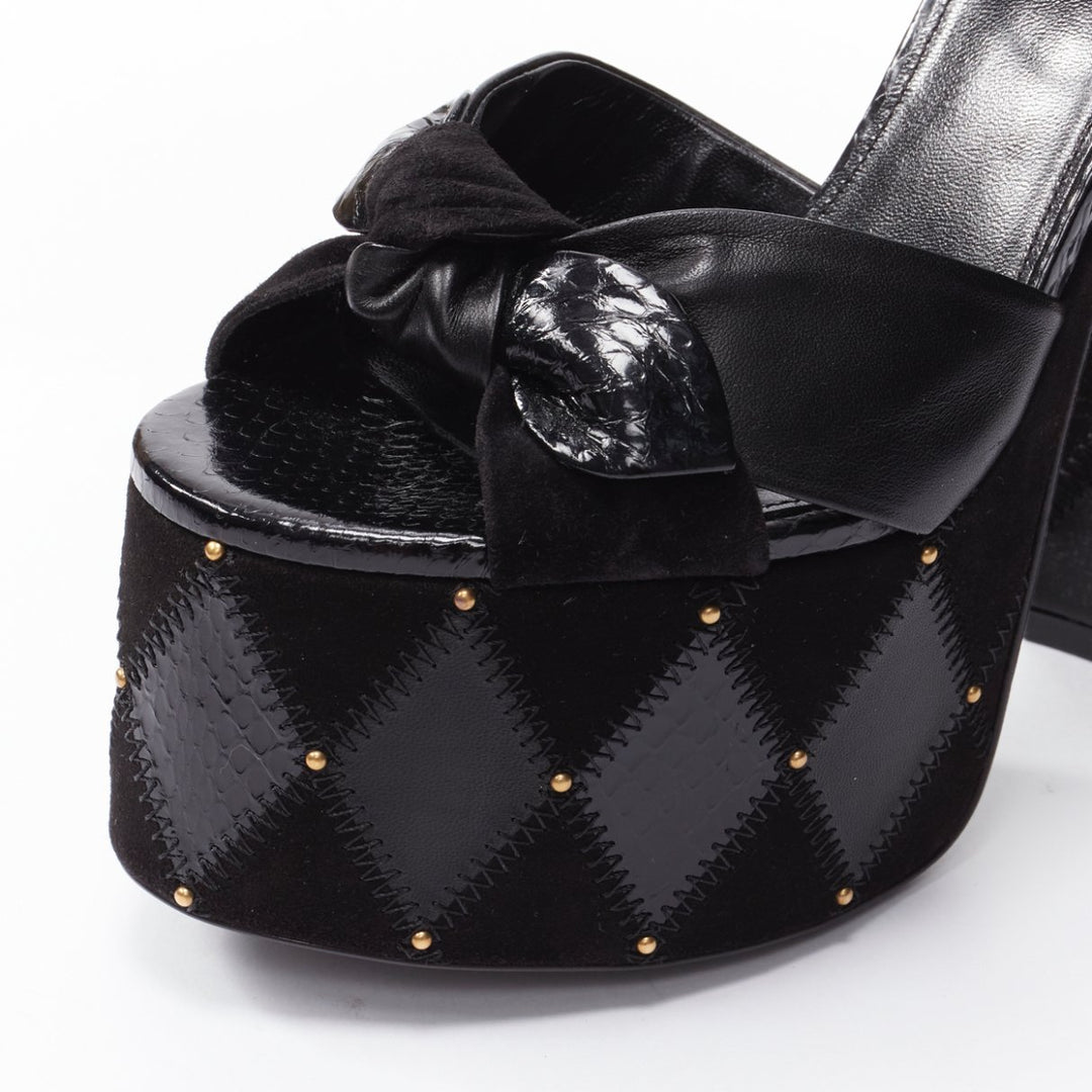 SAINT LAURENT Paige 85 Runway black patchwork stud platform sandals EU37