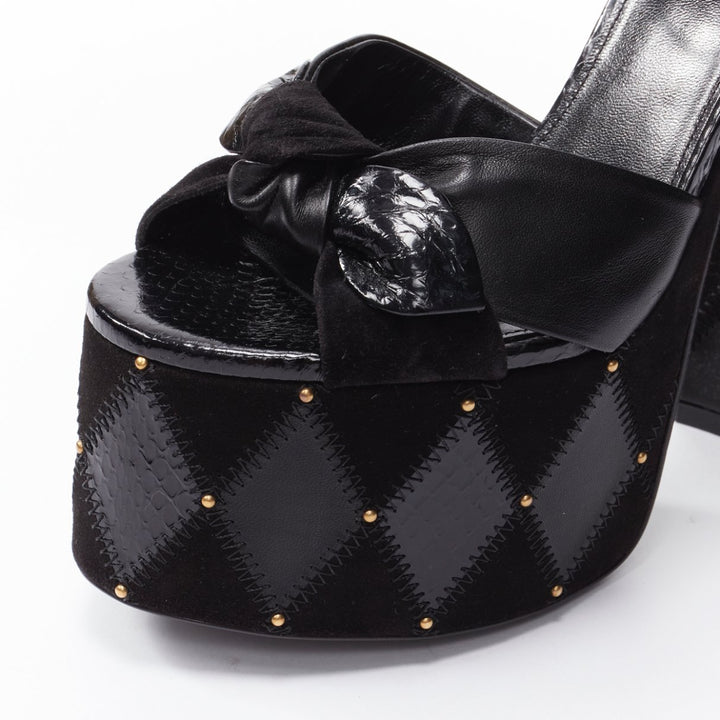 SAINT LAURENT Paige 85 Runway black patchwork stud platform sandals EU37
