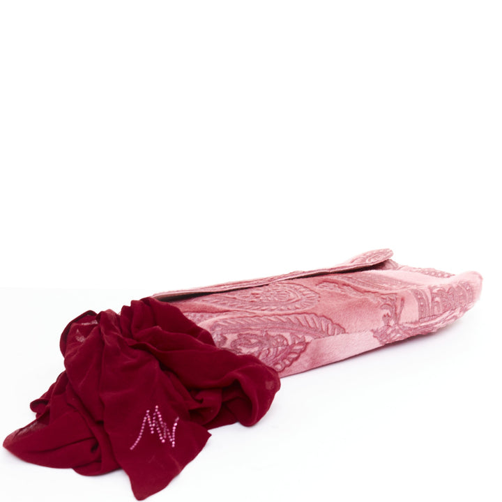 MATTHEW WILLIAMSON pink laser cut calf hair crystal silk wristlet clutch bag
