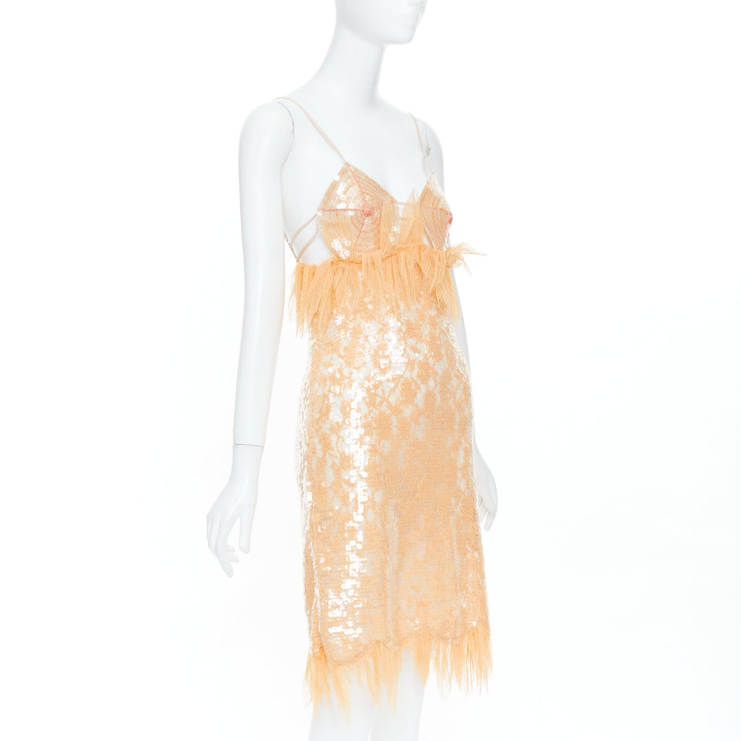 rare BOTTEGA VENETA 2022 Runway nude sequin nipple feather slip dress IT36 XXS