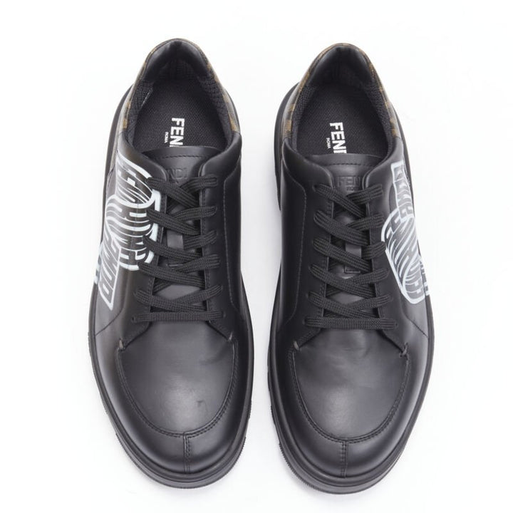 FENDI Amor Roma black leather print Zucca FF monogram heel sneakers UK8 EU42