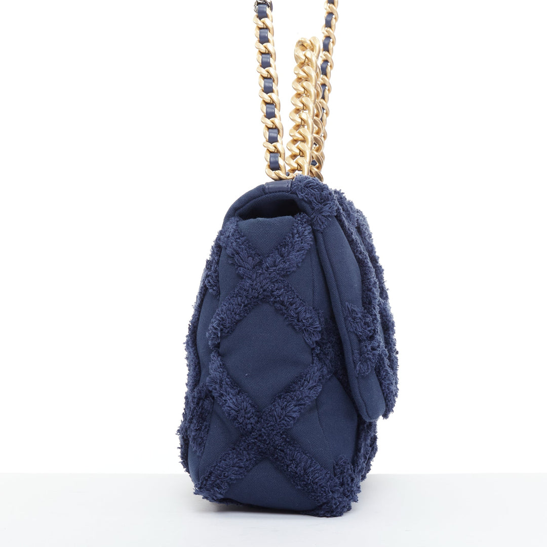 CHANEL 2021 19 navy cotton canvas fringe quilted mixed chain flap bag