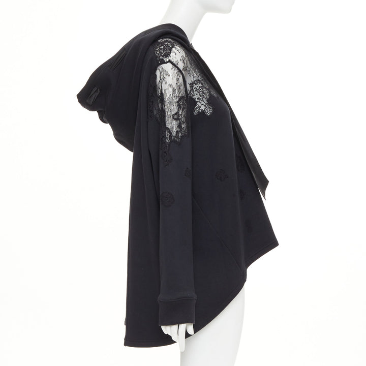 VALENTINO black cotton sheer floral lace panel floral applique half zip hoodie M