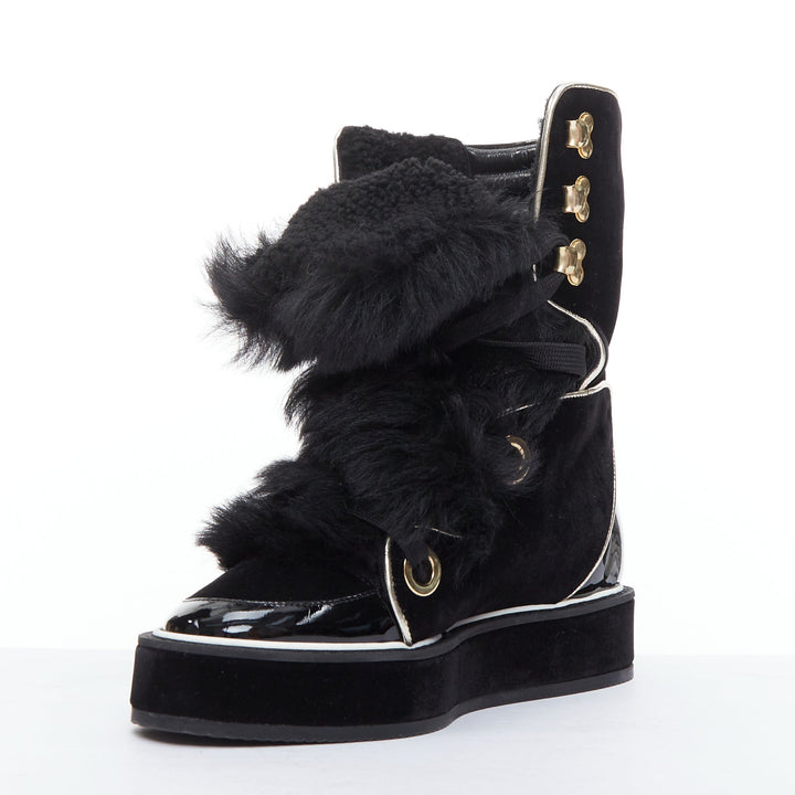 NICHOLAS KIRKWOOD Polly Neige black patent fur trim snow boots