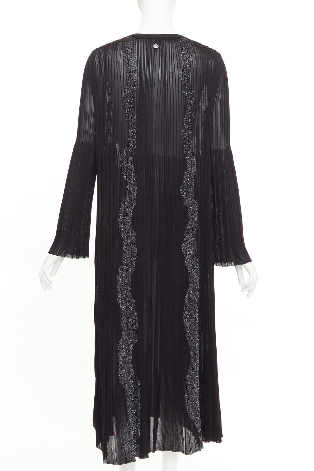 CHANEL black silver glitter CC resin button plisse sheer wave midi dress FR38 M