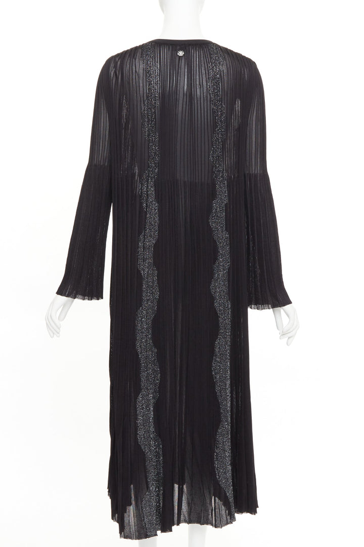 CHANEL black silver glitter CC resin button plisse sheer wave midi dress FR38 M