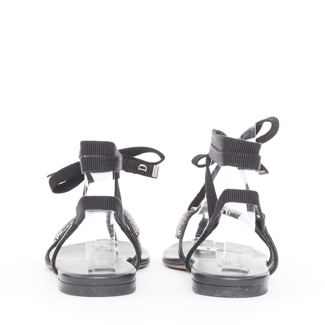 CHRISTIAN DIOR 2023 Runway Sunset black leather crystal wrap sandals EU37.5
