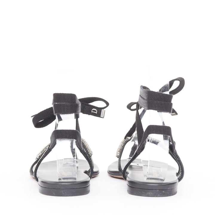 CHRISTIAN DIOR 2023 Runway Sunset black leather crystal wrap sandals EU37.5
