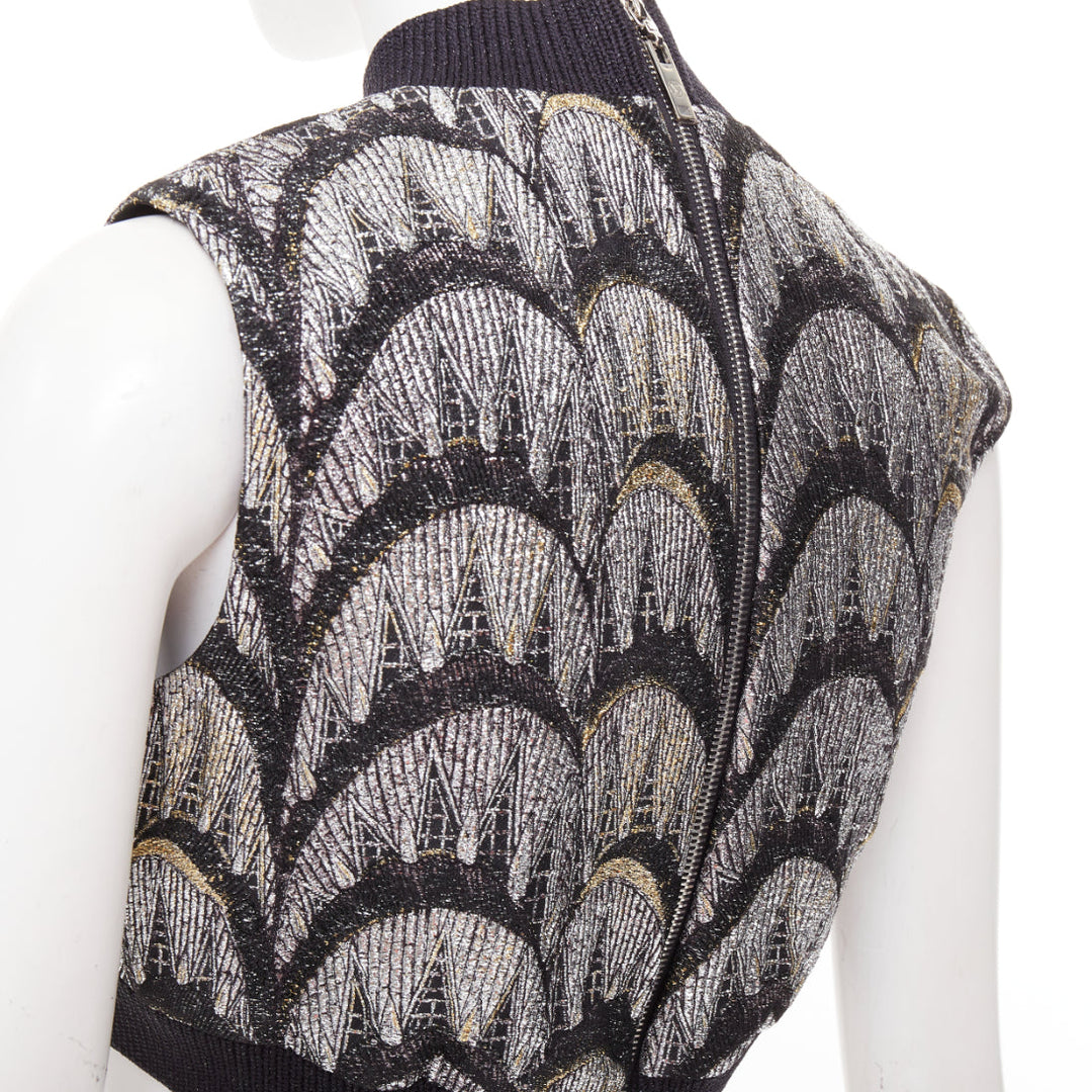 LOUIS VUITTON 2024 Jacquard Crop silver black metallic arch embroidered top FR38