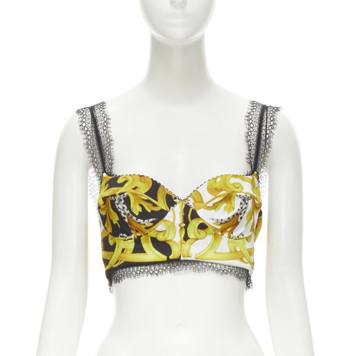 Female mannequin wearing Versace by Donatella Versace Barocco Acanthus Gold Polyester Women Bustier in Size IT38 | Available at JHROP