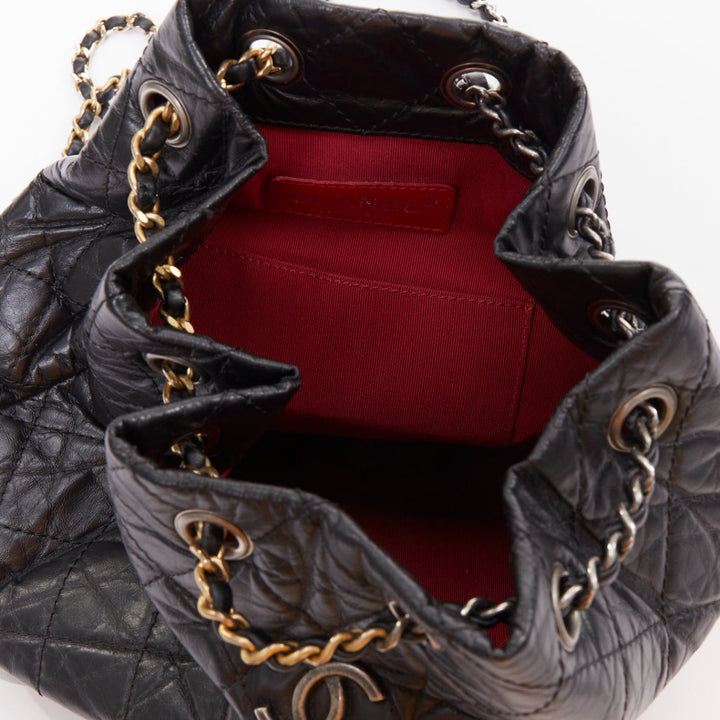 CHANEL 2017 Gabrielle Small black quilted aged calfskin CC chain backpack bag