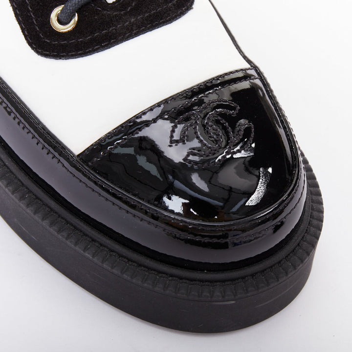 CHANEL 21B black white nylon patent leather trim CC brogue creepers EU38