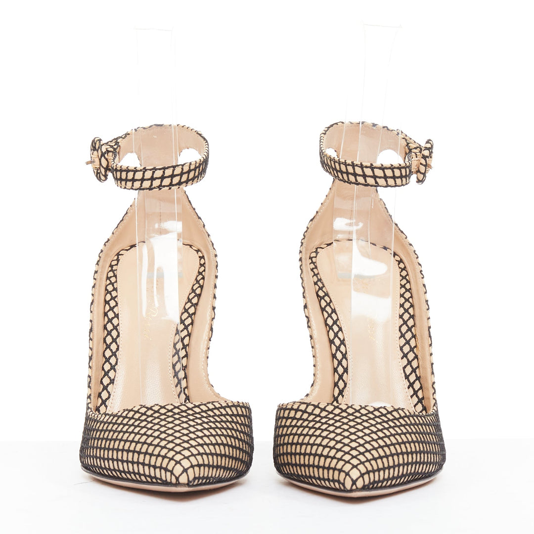 GIANVITO ROSSI Sofia nude nappa black fishnet ankle straps pumps EU37.5