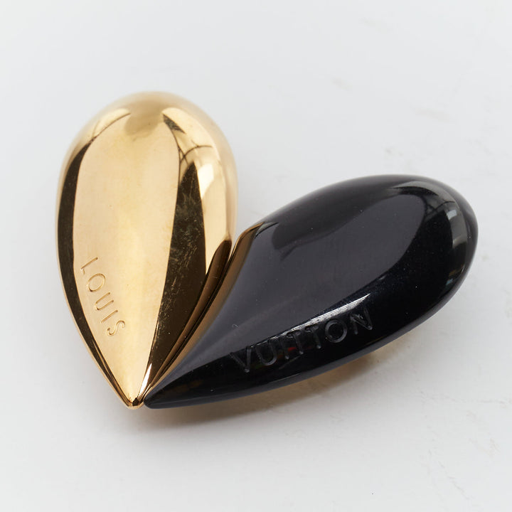 LOUIS VUITTON black gold embossed logo split heart pin brooch